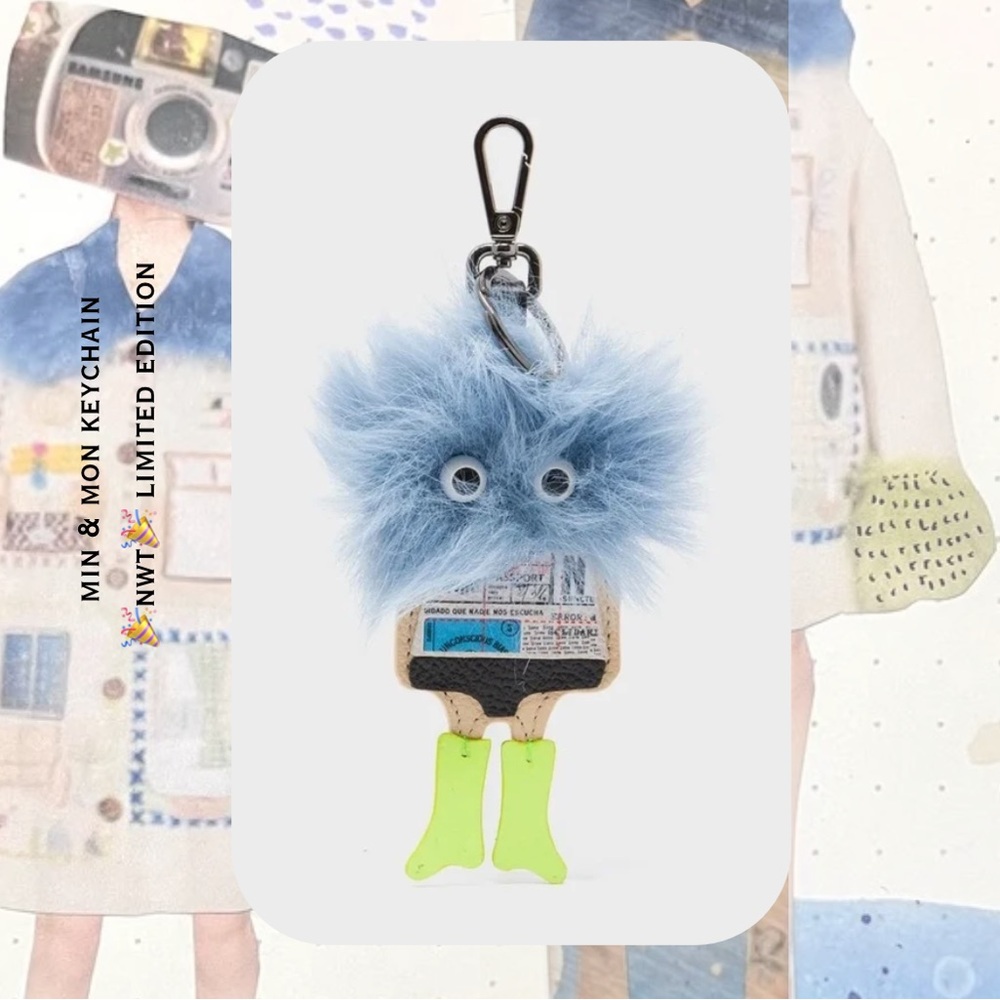copy - Min & Mon Fuzzy Monster Charm leather keychain with neon green boots